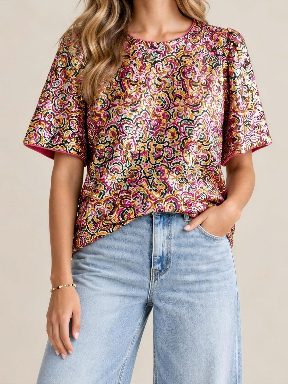 SÉZANE Gaby Sequined Blouse, Rio, FR38/US6